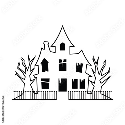 Spooky haunted house with bare trees and fence