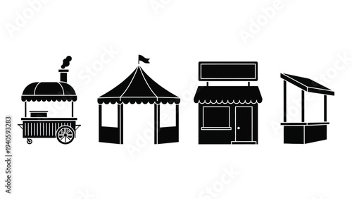 Four different types of market stalls are shown