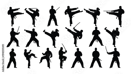 Various silhouettes of people practicing karate