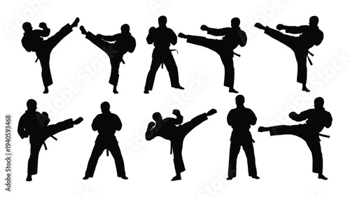 Silhouettes of people performing various karate kicks and punches