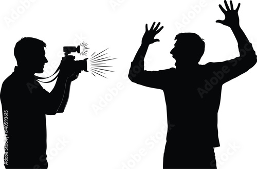 Engaging vector graphic illustration shows a news photographer with a flashing camera capturing a candid moment of a man reacting dramatically with hands raised.