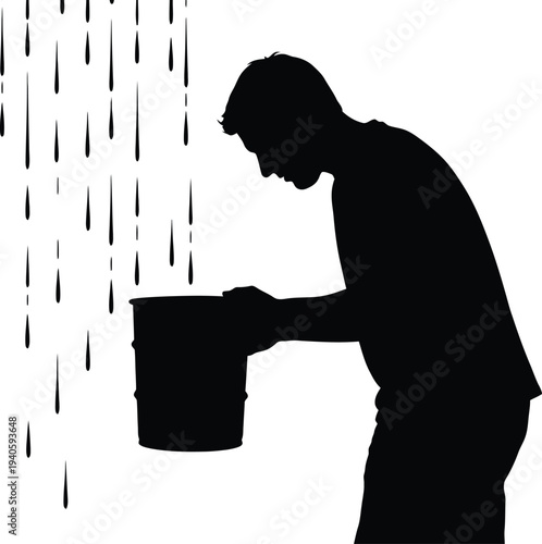 Silhouette vector illustration of a man diligently collecting falling liquid drops into a bucket, symbolizing effort and resourcefulness in a minimalist graphic design.