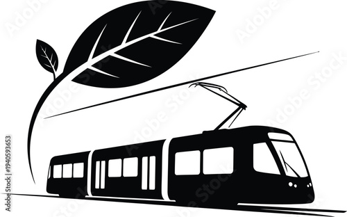 Black and white vector graphic illustration representing an eco friendly electric tram transit system with a large stylized leaf design element