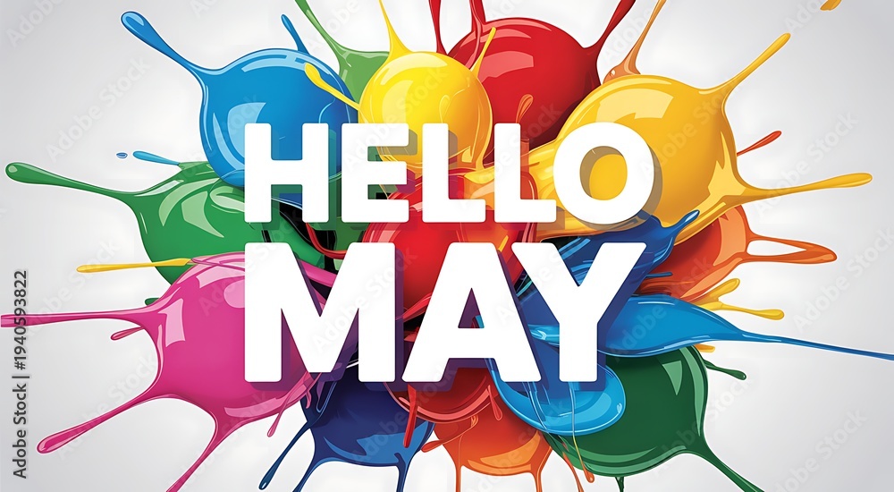 Fototapeta premium Hello may bright paint splashes festive celebration greeting message vibrant colors abstract art fun artistic design joyful announcement