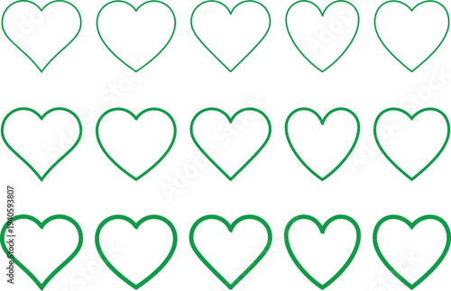 Outlined hearts in various green line widths isolated on transparent background