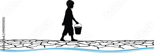 Silhouette vector graphic illustrating a thirsty child carrying a bucket of precious water across arid cracked earth symbolizing drought and scarcity