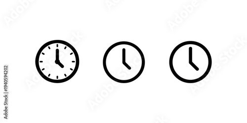 Clock icon set, time symbol in different variations, simple black and white vector illustration, indicating hours, minutes, and seconds
