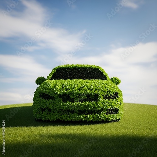 Green ecofriendly car made of leaves in a field under blue cloudy sky