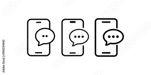Smartphone messaging app icons set with speech bubbles on mobile screens for communication concepts and digital chat interface design elements on white