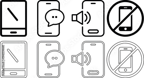 Mobile phone and tablet device icons collection featuring sound volume control mute mode and messaging notifications for user interface design projects