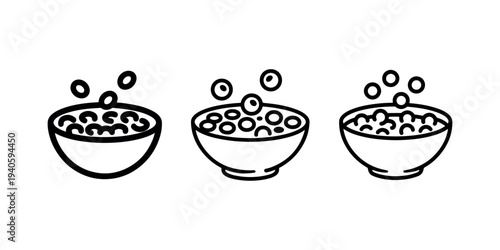 Healthy breakfast cereal bowls set with round flakes falling into milk for morning meal menu illustrations and food industry branding graphic elements