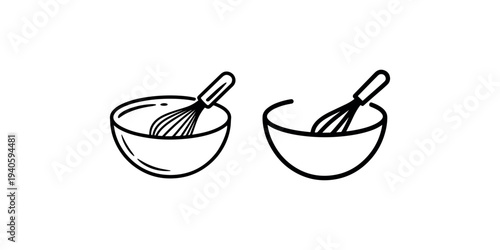 Two line icons with bowl and whisk on white background showing outline style