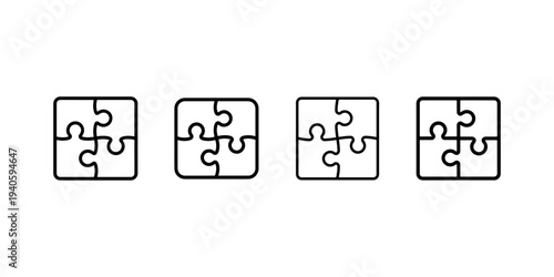 Four identical black and white jigsaw puzzle pieces forming a square, representing concepts of problem-solving, teamwork, and completion