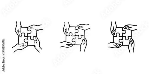 Three illustrations of multiple hands assembling jigsaw puzzle pieces, symbolizing collaboration, teamwork, and joint problem-solving efforts