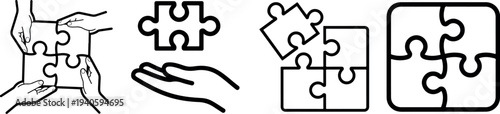 Four diverse jigsaw puzzle icons illustrating connection problem solving and teamwork collaboration on transparent background