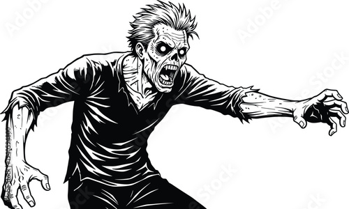 Black and white zombie illustration with skeletal face, hollow eyes, claw-like hands, and tattered clothing, perfect for Halloween, horror, gothic, and spooky design projects