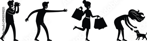 Black silhouette illustration of people engaged in photography, social interaction, shopping, and pet care, perfect for lifestyle, everyday activities, and creative design projects