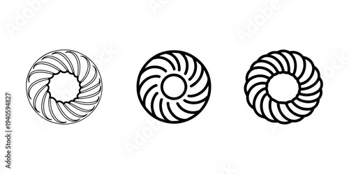 Set of three linear and bold line art icons of a round pastry with a hole in the middle and a spiral pattern on the outside