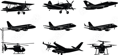 Collection of nine black silhouette aircraft icons featuring biplane, fighter jet, commercial airliner, helicopter, transport plane, and drone designs in aviation vector illustration