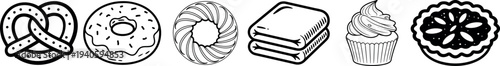 Collection of six different baked goods and food items including a pretzel, doughnut, spiral pastry, folded towels, cupcake, and tart