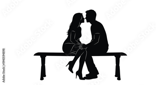 A striking silhouette depicts a couple intimately sharing a kiss while seated closely together on a simple bench