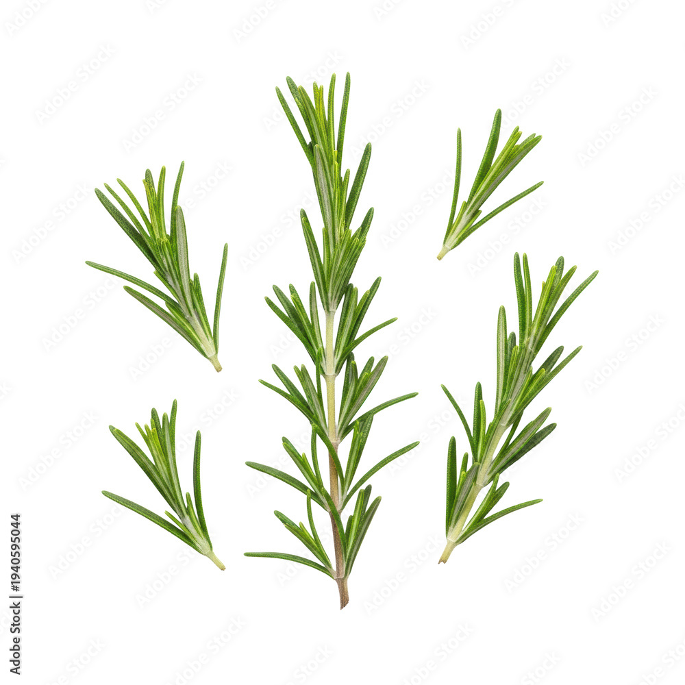 Obraz premium vibrant green rosemary sprigs and scattered textured leaves, macro top-down flat lay view on transparent studio background with copy space, concept for commercial product photography