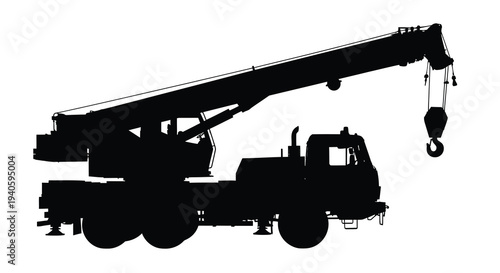 A stark silhouette depicts a mobile crane with an extended boom and attached hook presented against a plain white background