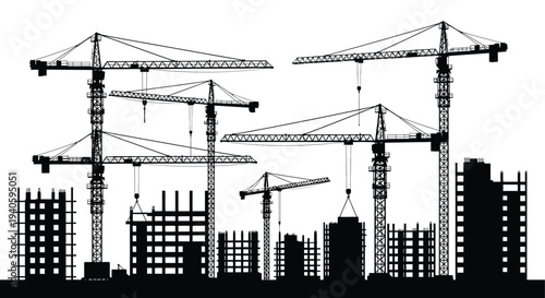 A striking black and white illustration depicts several towering construction cranes silhouetted against a city skyline backdrop high quality professional detailed
