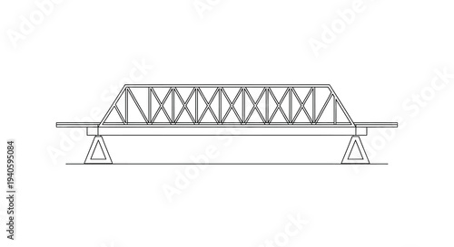 A minimalist line drawing depicts a symmetrical truss bridge structure showcasing its geometric framework and supporting piers high quality