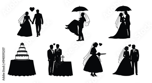 A collection of black silhouette wedding images depicts couples a cake and related symbols of marriage and celebration