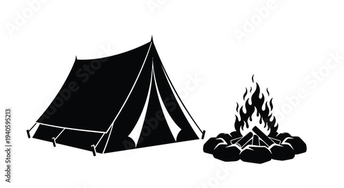 A simple black silhouette depicts a camping scene featuring a traditional tent and a crackling campfire suggesting outdoor adventure