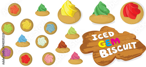 Iced gem biscuits are nostalgic Singapore treats—crunchy bite-sized biscuits topped with colorful icing swirls, loved for their cheerful look and sweet childhood flavor.