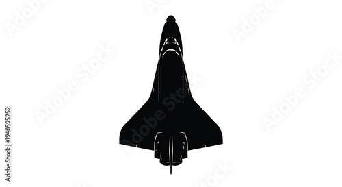 A stark silhouette of a space shuttle is presented against a clean white backdrop emphasizing its streamlined form and powerful design