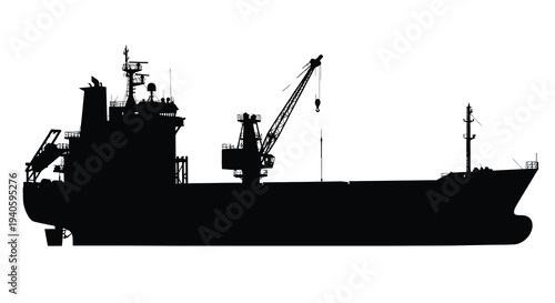 A stark silhouette of a large cargo ship with a prominent crane dominates the frame set against a plain white background