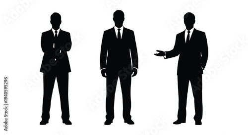 A striking silhouette depiction of three formally dressed businessmen against a plain white background conveying professionalism and corporate imagery