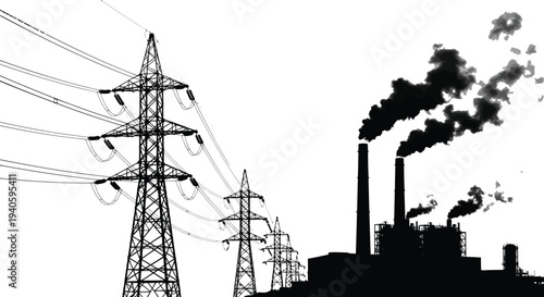 A stark black and white image depicts power lines and industrial smokestacks releasing plumes of dark smoke into the sky