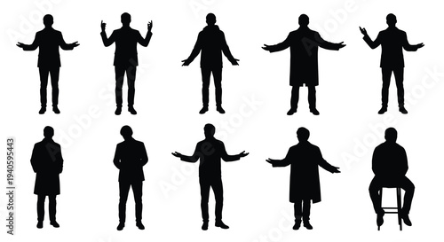 A collection of silhouetted figures displays various poses including standing seated and with arms outstretched against a white background