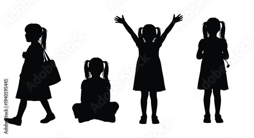 A silhouette illustration depicts four young girls in various poses suggesting growth and childhood joy high quality professional detailed
