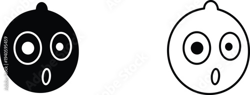 Cartoon surprised face illustration with bold black fill and outlined version, featuring large circular eyes and oval mouth, perfect for expressive, creative, and design projects