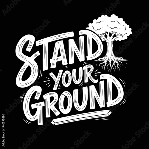 Stand Your Ground inspirational typography with tree and roots.