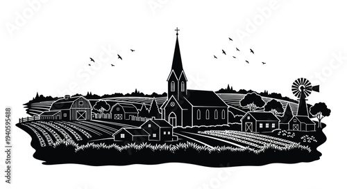 A detailed black and white linocut depicts a quaint rural landscape featuring a church farm buildings and crops high quality professional