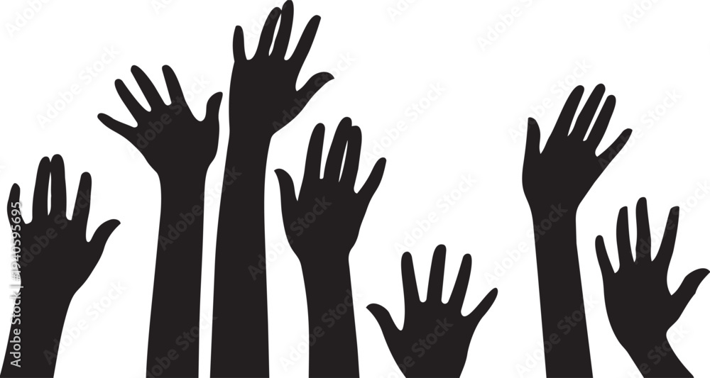 Fototapeta premium Raised Hands Silhouette: An artistic silhouette captures a series of hands reaching skyward, evoking a sense of unity, participation, and expression.