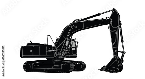 A stark black and white silhouette depicts a large excavator machine showcasing its robust structure and digging capabilities high quality professional