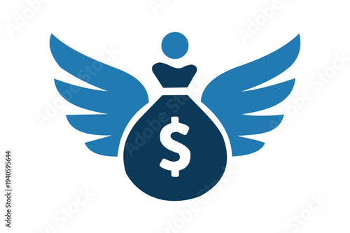 Blue angel investment icon with dollar sign money bag and wings finance economy wealth. Resizable and Editable. EPS, 10.