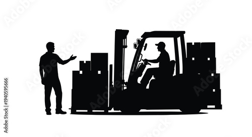 A silhouetted scene depicts a forklift operator interacting with a pedestrian near stacked boxes in a warehouse setting