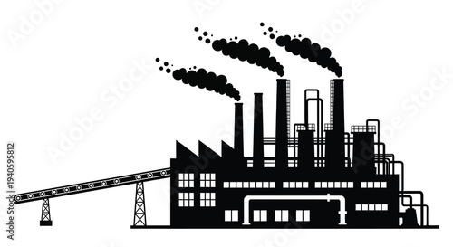 A stark black and white illustration depicts a sprawling industrial complex emitting plumes of smoke symbolizing pollution and manufacturing high quality