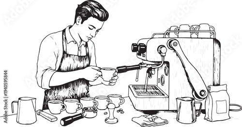 A barista expertly prepares a cup of coffee with a commercial espresso machine
