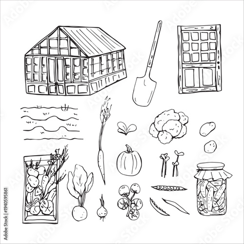 Gardening whimsy set with greenhouse and harvest 