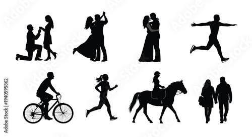 A collection of black silhouettes depicts various scenes of human activity including proposals dancing running and horseback riding