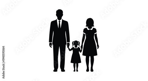 A simple black silhouette depicts a family of three holding hands representing togetherness and familial bonds high quality professional